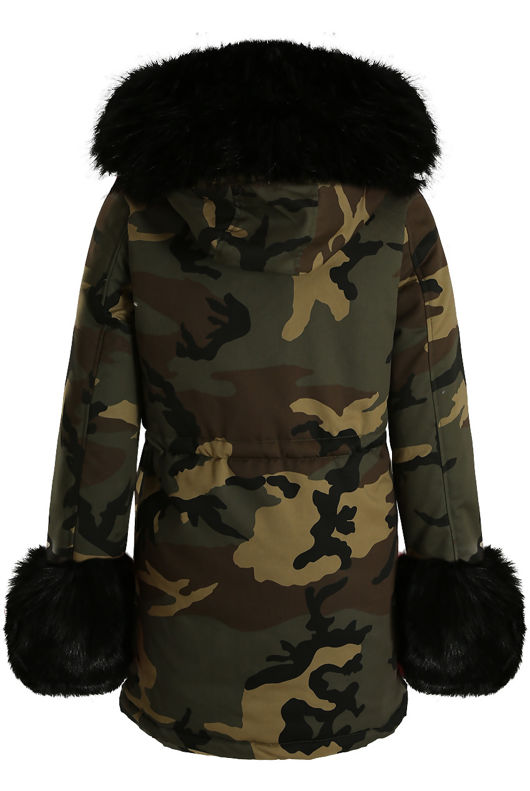  Camouflage Black Fur Hood Parka Coat and Fur cuffs