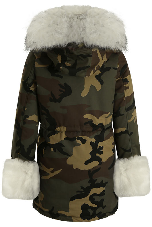 Camouflage White Fur Hood Parka Coat and Fur cuffs
