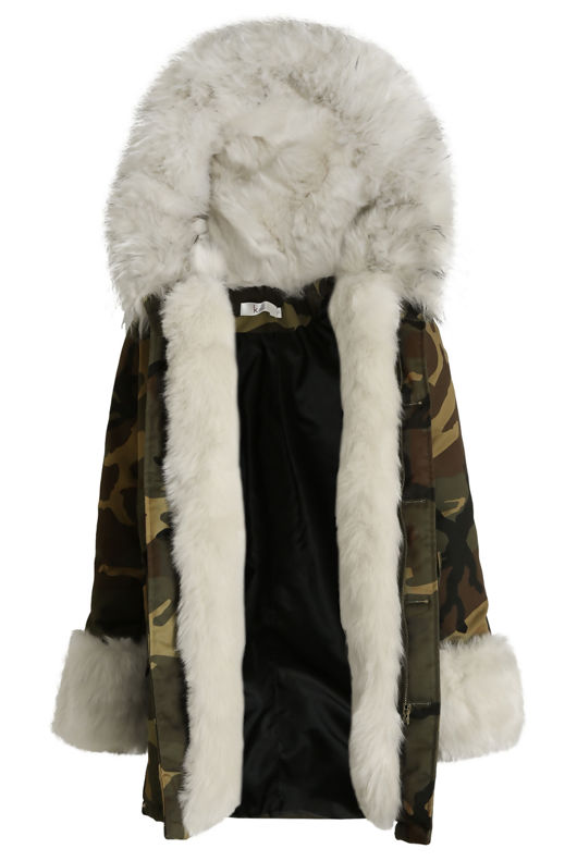 Camouflage White Fur Hood Parka Coat and Fur cuffs