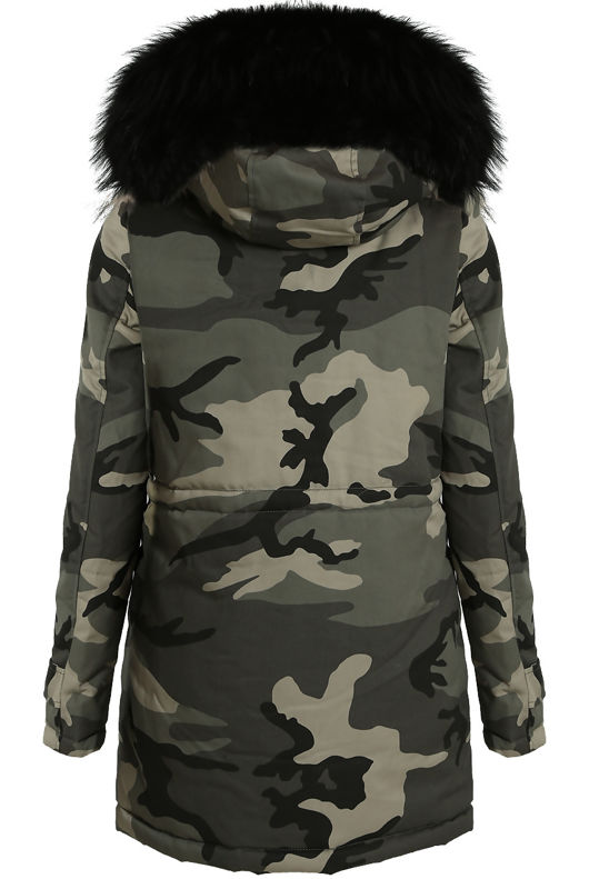 Camouflage Parka Coat with Black Fur Hood