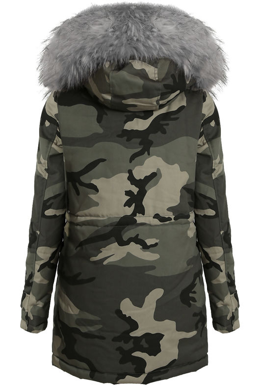 Grey Camouflage Parka Coat with Fur Hood