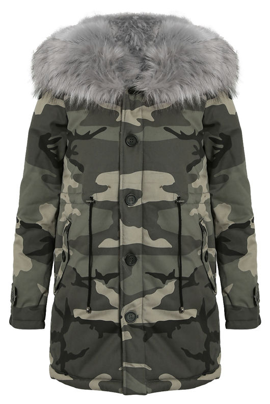 Grey Camouflage Parka Coat with Fur Hood