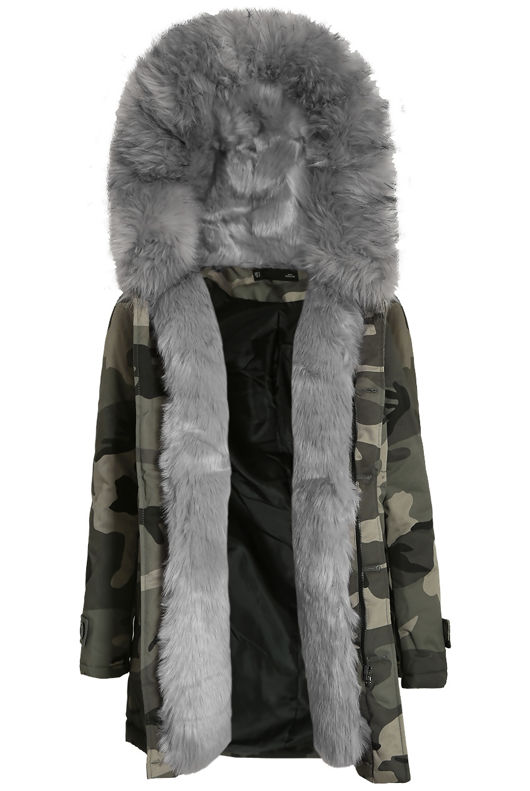 Grey Camouflage Parka Coat with Fur Hood