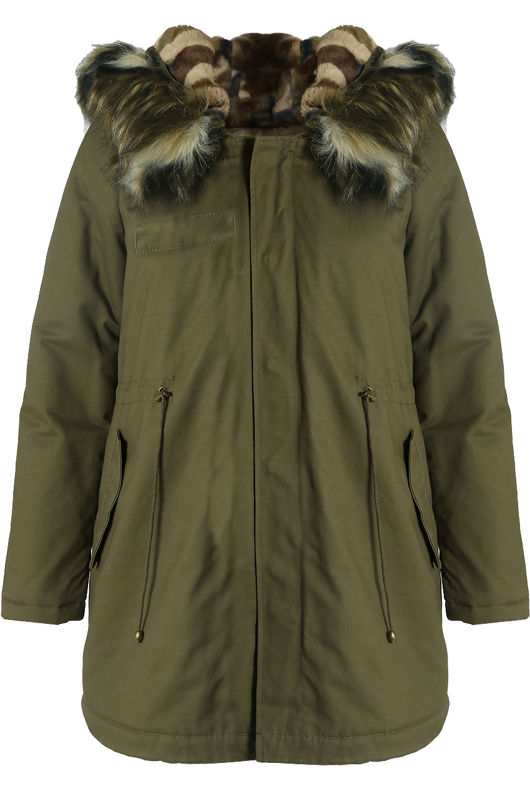 Khaki Parka Coat with Camouflage Fur