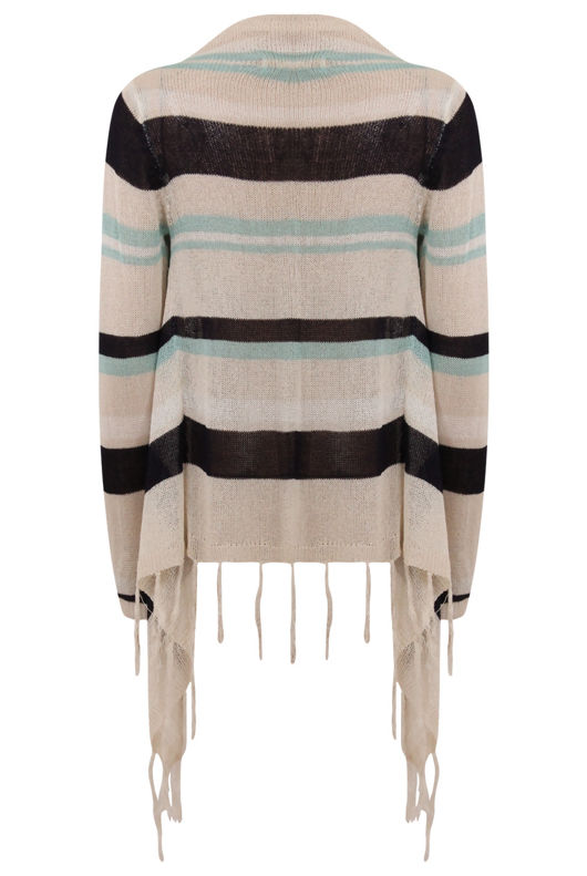 Beige Knitted Layer Pattern Fringe Cardigans 