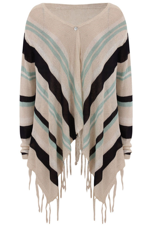 Beige Knitted Layer Pattern Fringe Cardigans 