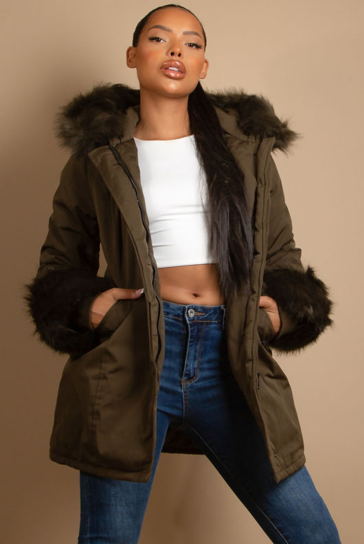 Khaki Canvas Parka with Fur Hood & Cuff 