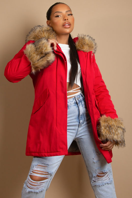 Red Parka Coat with Fur Hood & Cuffs 