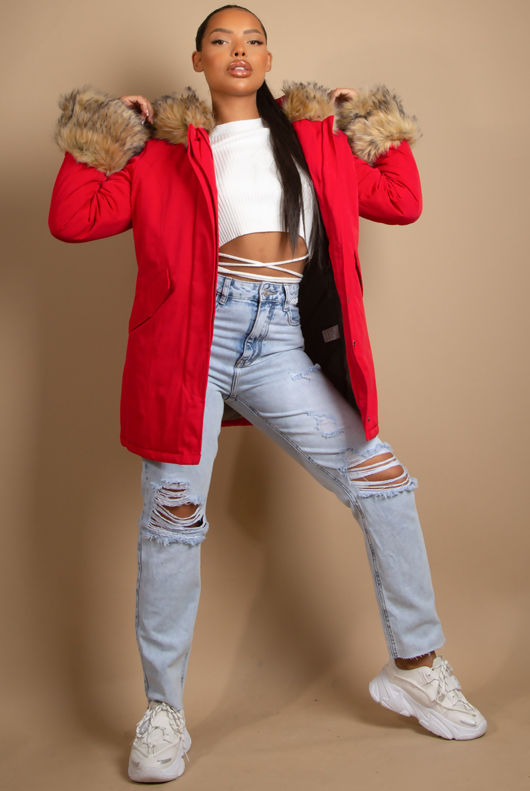 Red Parka Coat with Fur Hood & Cuffs 