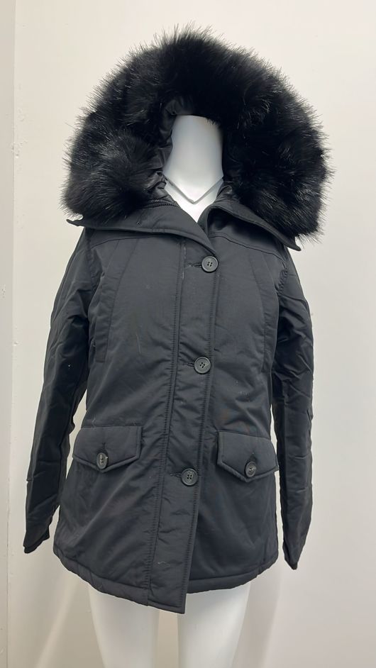 Black Quilted Jacket with Faux Fur Hood and Sleeve Zip Pocket