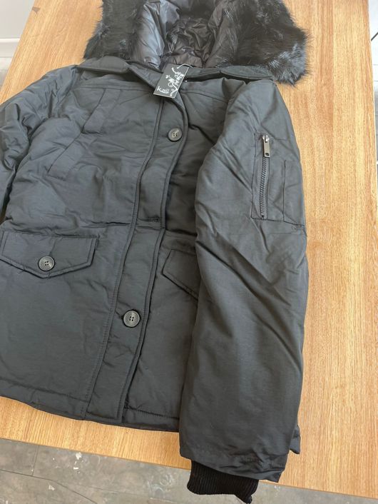Black Quilted Jacket with Faux Fur Hood and Sleeve Zip Pocket