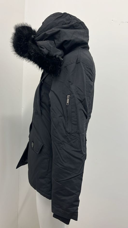 Black Quilted Jacket with Faux Fur Hood and Sleeve Zip Pocket