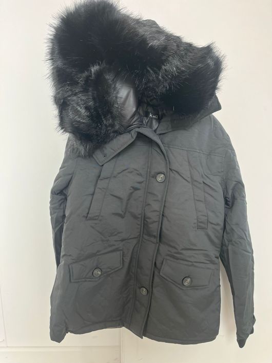 Black Quilted Jacket with Faux Fur Hood and Sleeve Zip Pocket
