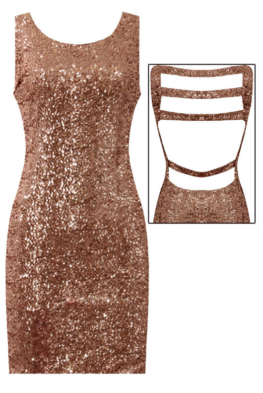 Gold Sequin Back Cut Out Bodycon Dress
