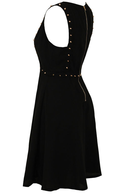 Black With Gold Studded Detail Skater Dress 