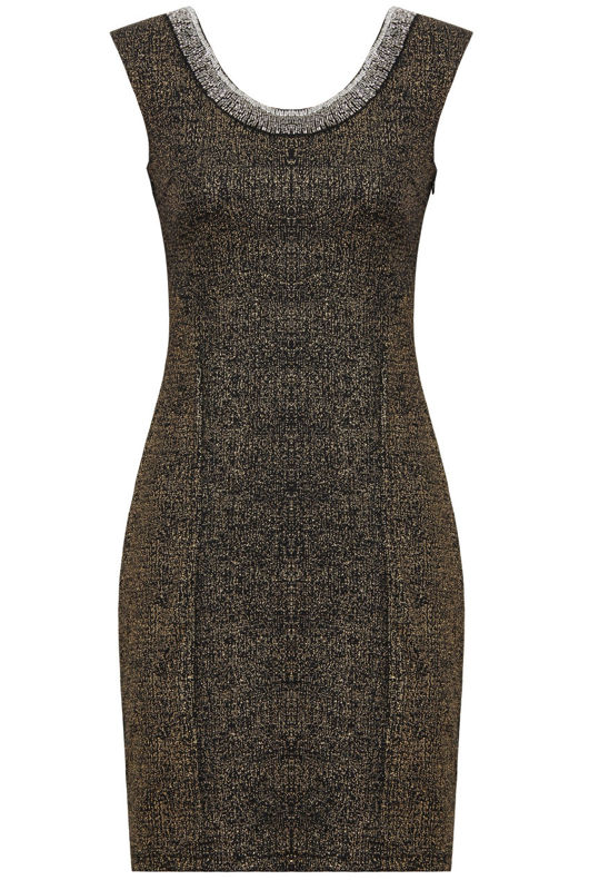 Gold Foil Beaded Neck Detail Shift Mini Dress