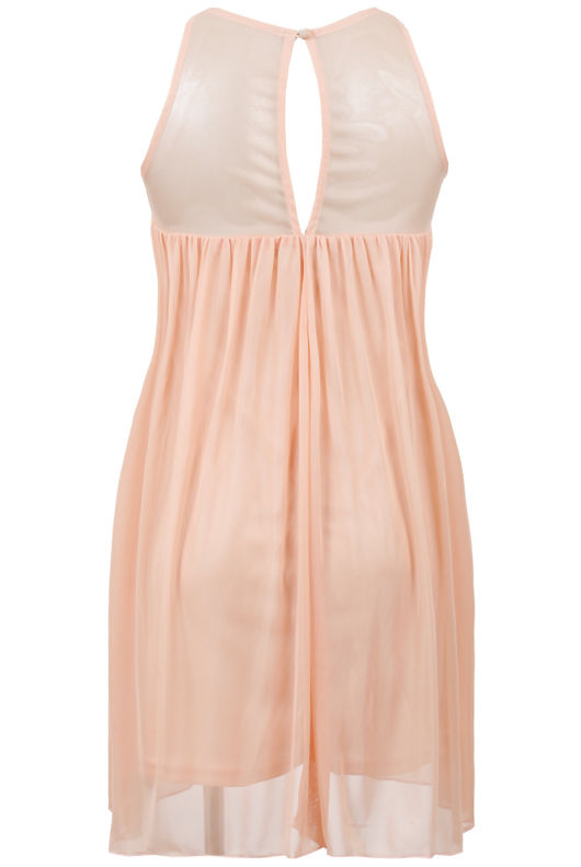 Peach Mesh Detailed Sleeveless Blouson Dress