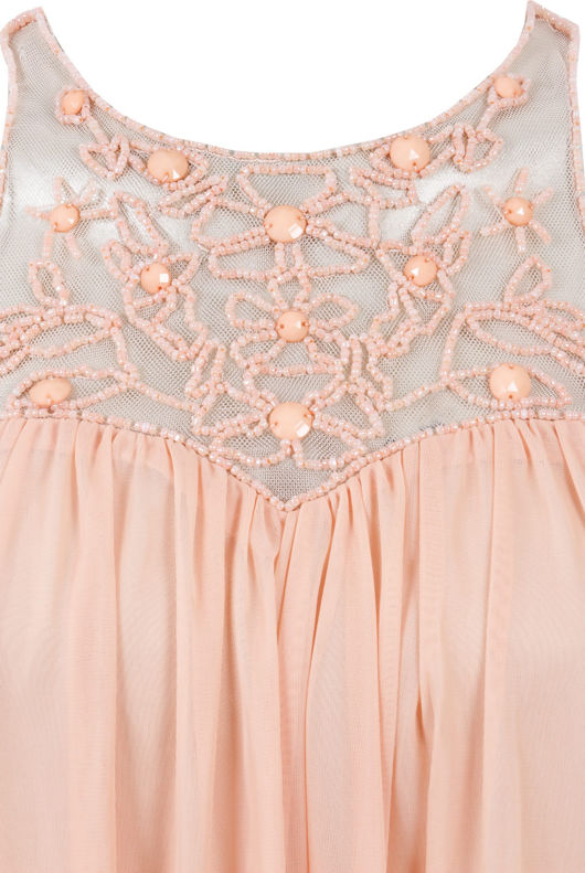 Peach Mesh Detailed Sleeveless Blouson Dress