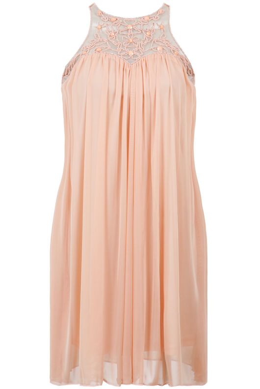 Peach Mesh Detailed Sleeveless Blouson Dress