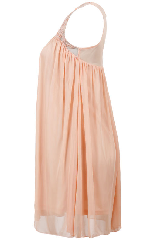 Peach Mesh Detailed Sleeveless Blouson Dress