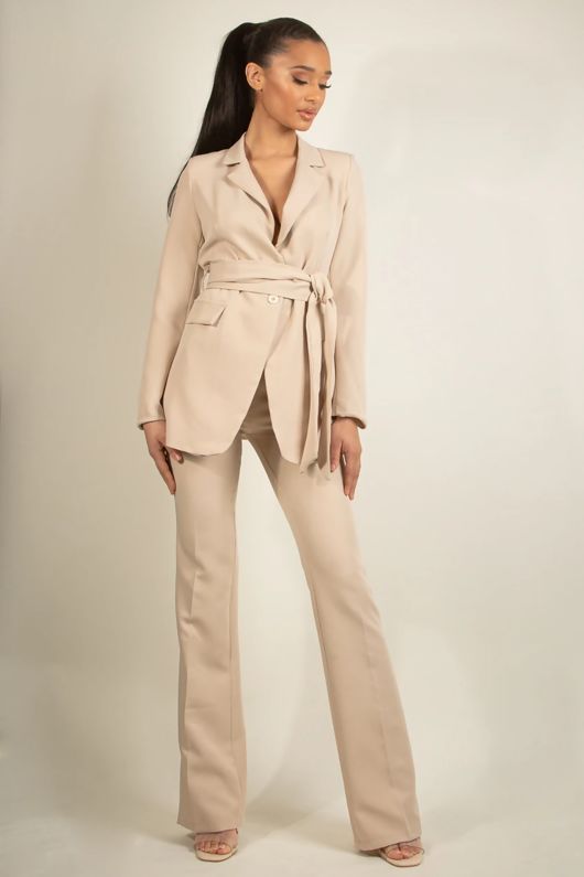Beige Belted Blazer & Flare Trouser Set