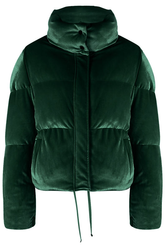 Green Velvet Funnel Neck Quilted Jacket 