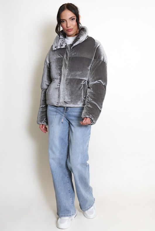 Grey Velvet Funnel Neck Quilted Jacket 