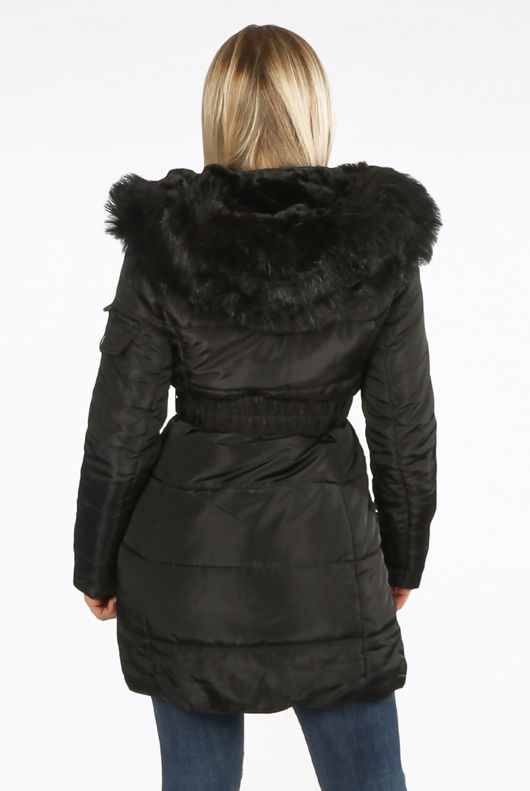 Black Faux Fur Belted Puffer Coat