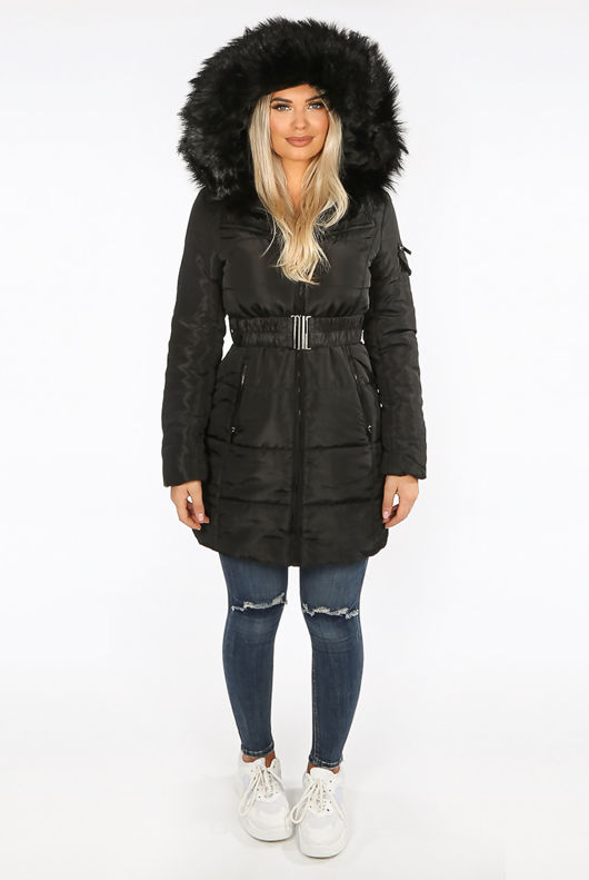 Black Faux Fur Belted Puffer Coat