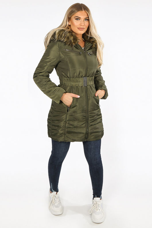 Khaki Faux Fur Belted Puffer Coat