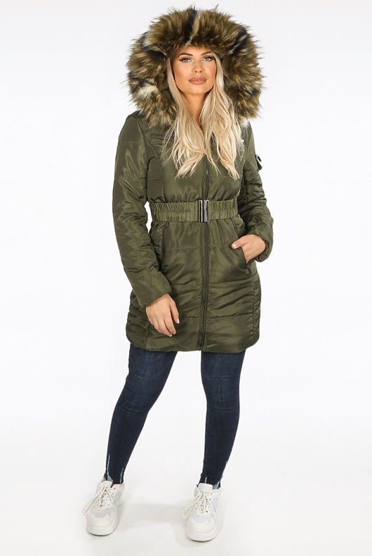 Khaki Faux Fur Belted Puffer Coat