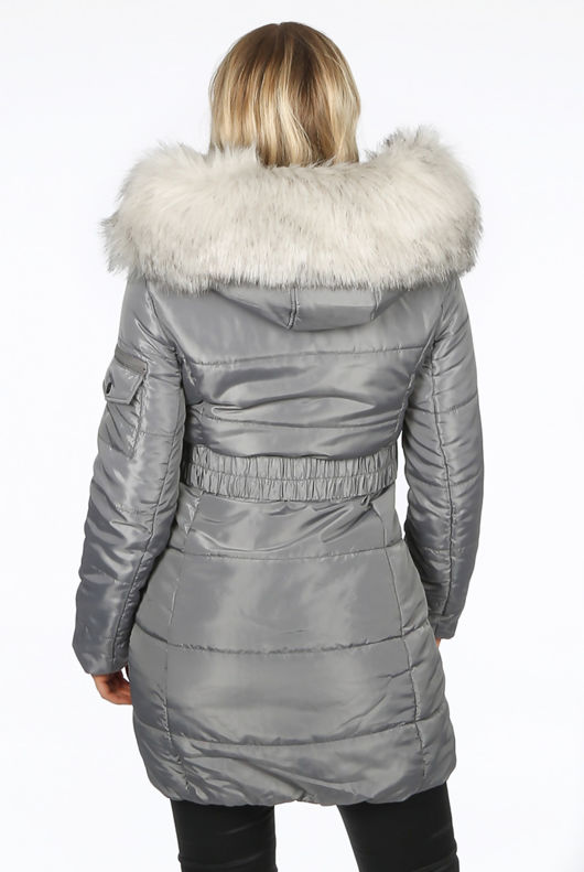 Grey Faux Fur Belted Puffer Coat