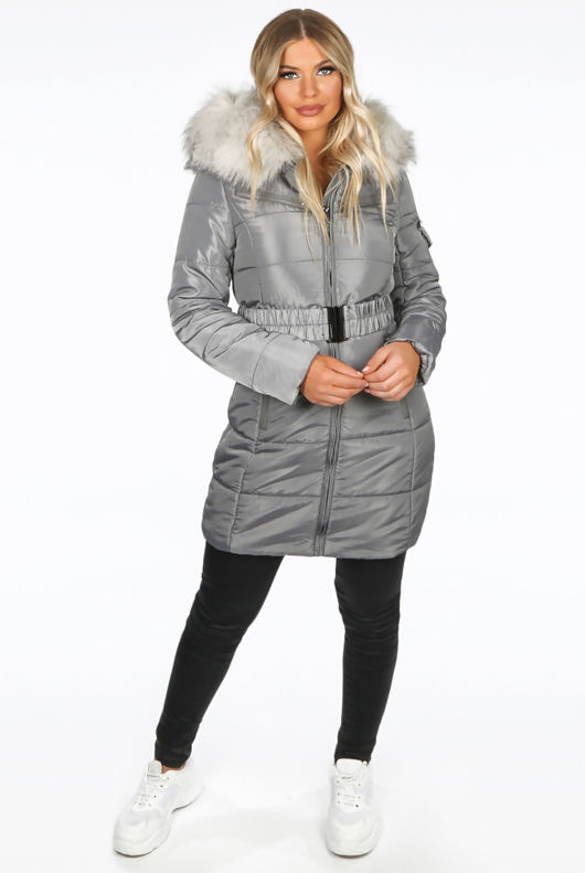 Grey Faux Fur Belted Puffer Coat