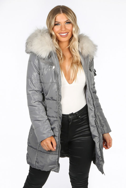 Grey Faux Fur Belted Puffer Coat