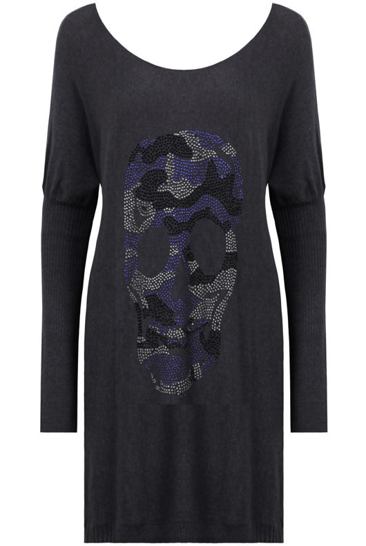 Black Coloured Skull Detail Long Sleeve Baggy Jumper