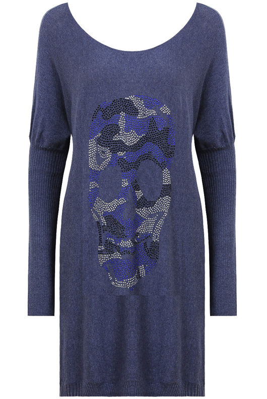 Navy Coloured Skull Detail Long Sleeve Baggy Jumper