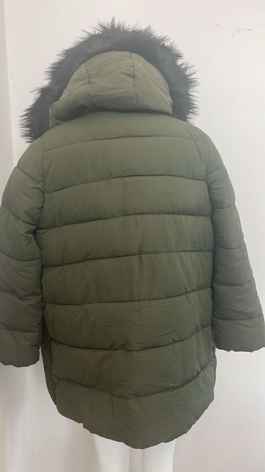 Khaki Wrap Puffer Coat with Faux Fur Hood