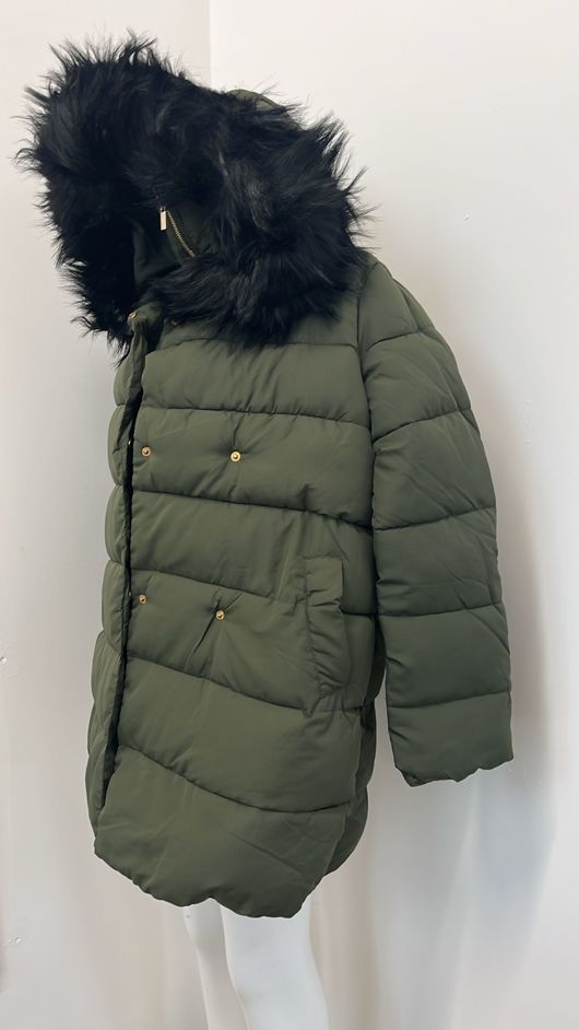 Khaki Wrap Puffer Coat with Faux Fur Hood