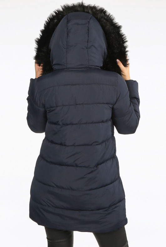 Navy Wrap Puffer Coat with Black Faux Fur Hood
