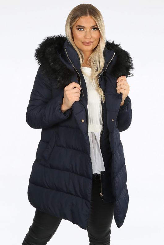 Navy Wrap Puffer Coat with Black Faux Fur Hood