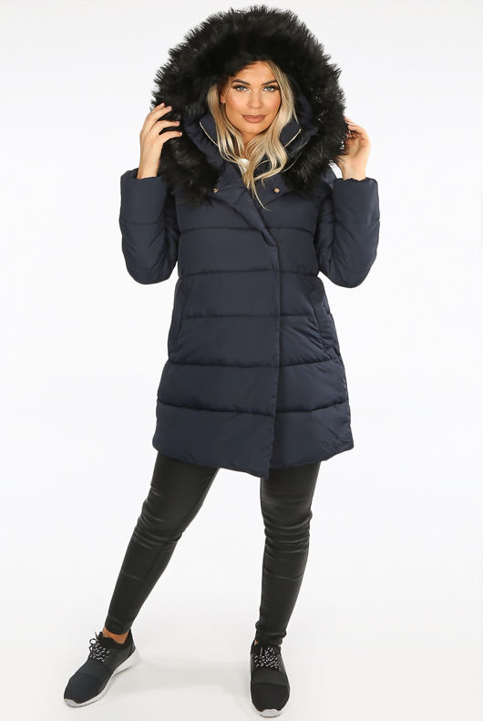 Navy Wrap Puffer Coat with Black Faux Fur Hood