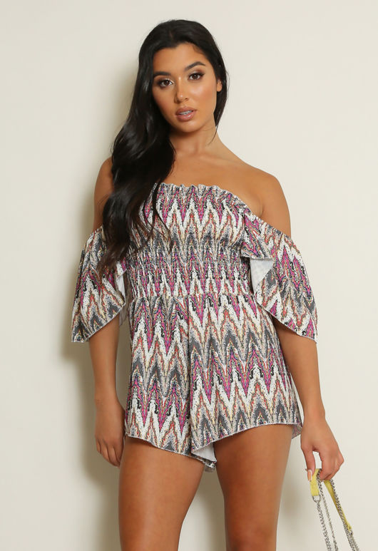 Black Zig Zag Print Shirred Playsuit