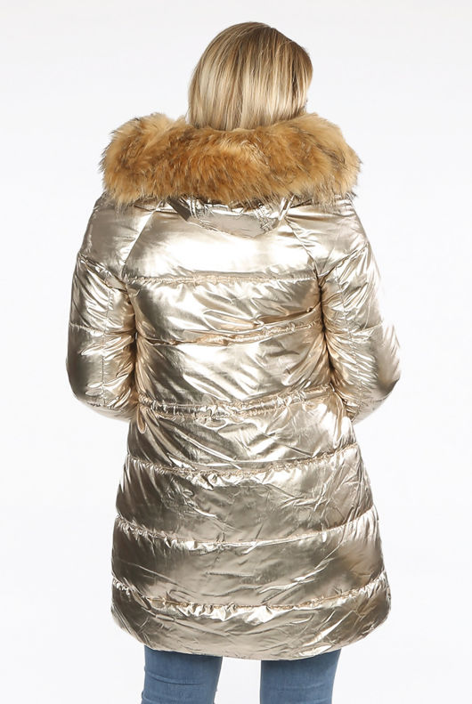 Gold Foil Puffer Coat with Faux Fur Hood
