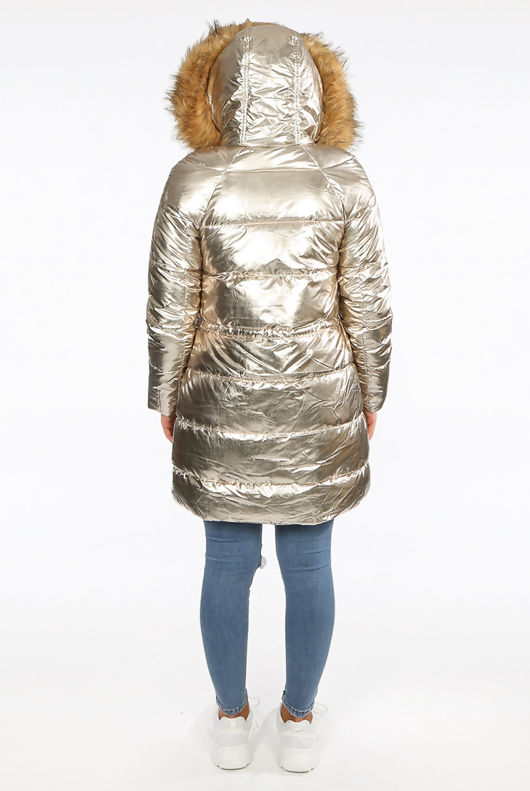 Gold Foil Puffer Coat with Faux Fur Hood