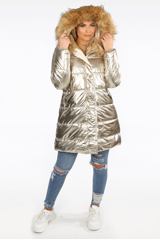 Gold Foil Puffer Coat with Faux Fur Hood