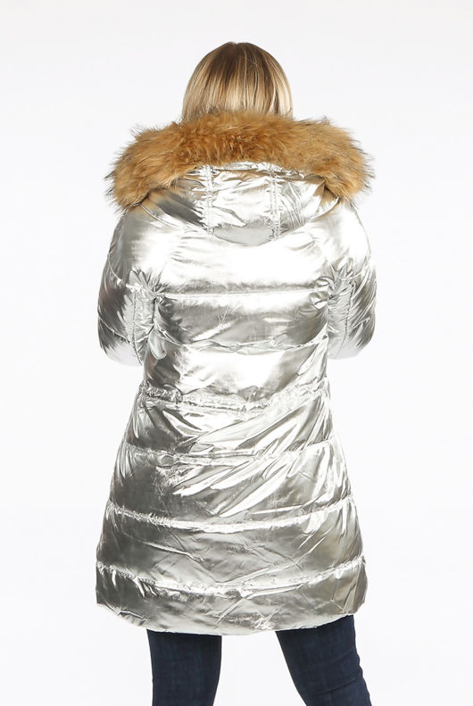 Silver Foil Puffer Coat with Faux Fur Hood