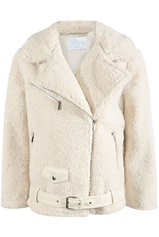 Beige Faux Fur Zipped Shearling Coat