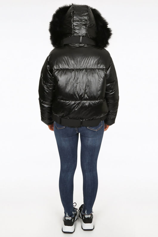 Black Fur Hood Quilted Jacket