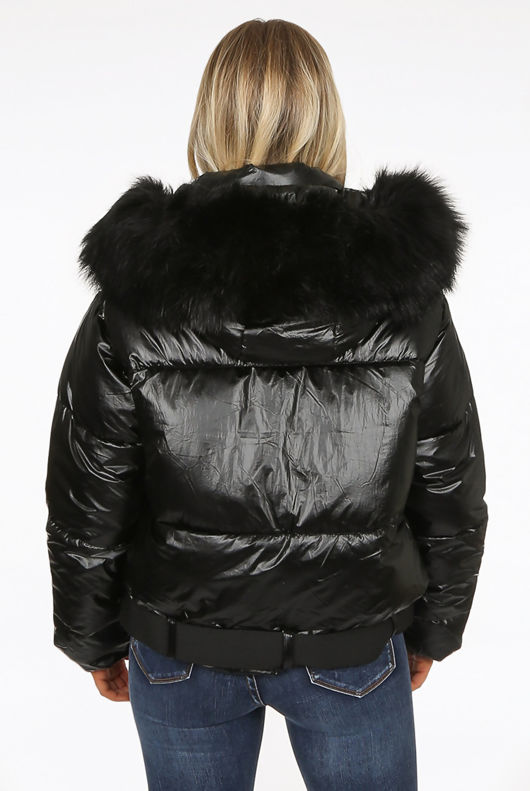 Black Fur Hood Quilted Jacket