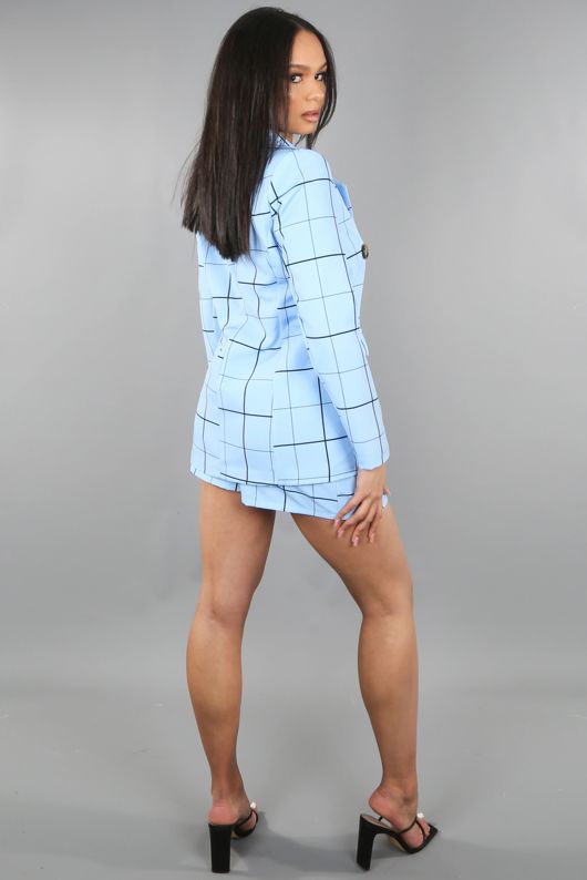 Blue Check Print Tailored Belted Shorts & Blazer Set
